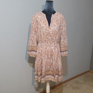 Frye & Co Boho Paisley Border Print Dress | 3/4‎ Sleeves | Elastic Waist |
